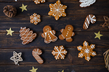 Christmas cookies of various shapes with sugar decor glaze