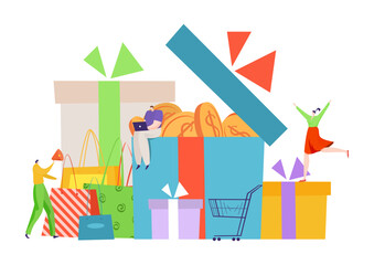 Fashion shop reward program, boutique promotion system gift, tiny character sitting on gift box flat vector illustration, isolated on white.