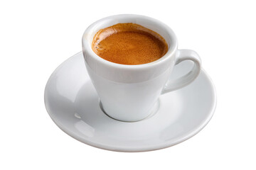 Fresh espresso in a white porcelain coffee cup on an isolated white background