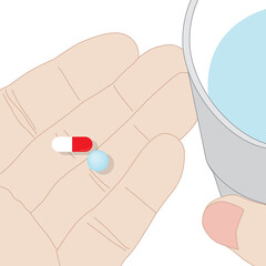 The patient holding a water glass to take medicine, illustration on white background