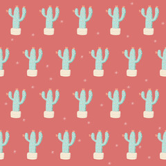 Festive seamless pattern with cactus decorated as Christmas tree. Blooming cacti with bulb garland. Cute vector illustration in terracotta red background. Tropical New Year