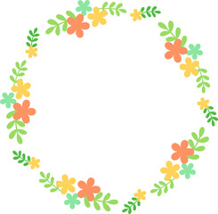 円形のフレーム　丸い葉と花　オレンジ