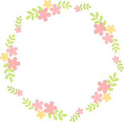 円形のフレーム　丸い葉と花　ピンク