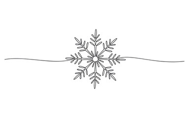 Snowflake vector one line continuous illustration. Winter holiday freehand drawing. Hand drawn linear icon. Festive design for print, banner, poster, postcard, Christmas and New Year greeting card.
