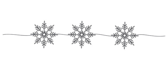 Snowflake garland vector one line continuous illustration.Winter holiday freehand drawing.Hand drawn linear icon.Festive design for print, banner, poster, postcard, Christmas, New Year greeting card.