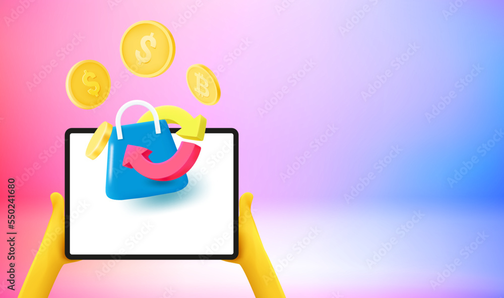 Poster man using tablet computer for online shopping. cash back concept. 3d vector banner with copy space