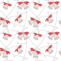Christmas bells with red ribbon bow icon seamless vector pattern. One line hand drawn illustration. Wallpaper, festive decor, fabric, print, wrapping paper. Winter holiday card.