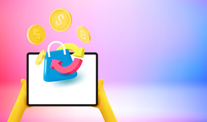 Man using tablet computer for online shopping. Cash back concept. 3d vector banner with copy space