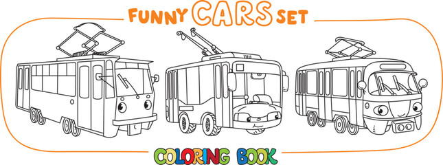 Fototapeta premium Funny small city transport with eyes coloring book