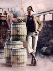 Fantasy sailor standing near wooden barrels on deck of a ship. 3D render - the man is a 3D object rendered in DAZ Studio.