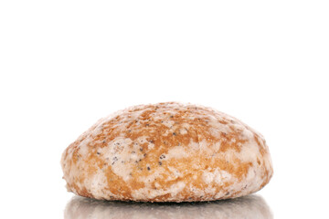 One sweet tasty gingerbread, macro, isolated on white background.