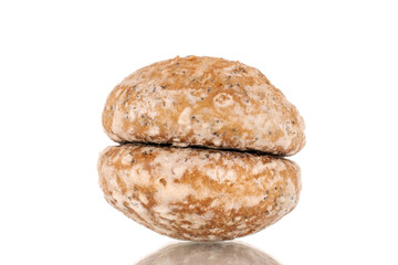 Two sweet tasty gingerbread cookies, macro, isolated on white background.