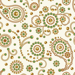 Fototapeta premium Seamless jewelry pattern with paisley ornament, elements made of chains with swirls in vintage style White background. Vector illustration. Good for clothing, apparel, fabric, textile, surface design.