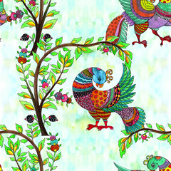Seamless pattern. Birds and trees are oriental motifs. Indian ethnic patterns. Watercolor. Wallpaper. Use printed materials, signs, objects, websites, maps, posters, flyers, packaging.
