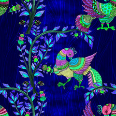 Seamless pattern. Birds and trees are oriental motifs. Indian ethnic patterns. Watercolor. Wallpaper. Use printed materials, signs, objects, websites, maps, posters, flyers, packaging.