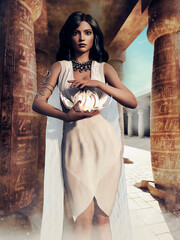 Ancient Egyptian priestess standing between two columns with hieroglyphs and holding a lotus flower. 3D render - the woman is a 3D object rendered in DAZ Studio.