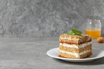 Concept of sweets, honey cake, space for text