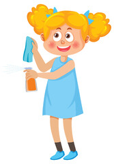 Cartoon kid in cleaning posture