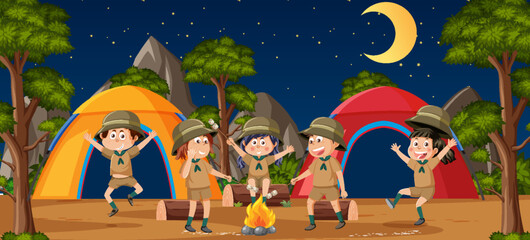 Children camping out forest scene