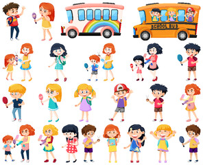 Set of cute school kids cartoon characters