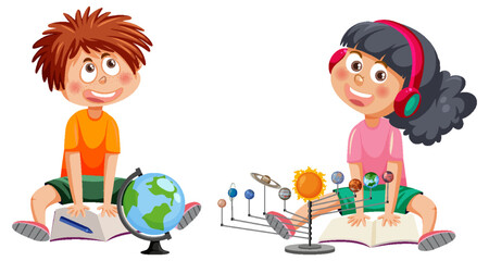 Cartoon kids learning astronomy