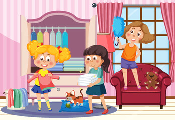 Cartoon children cleaning the house