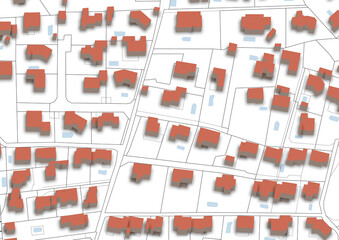Urbanisme et territoire - rendu 2d projet immobilier sur plan cadastral avec bâtiments 3d
