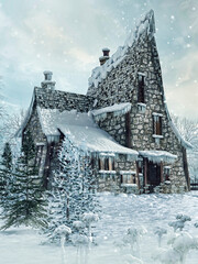 Fantasy cottages covered with snow and icicles among trees in a snowy landscape. 3D render.