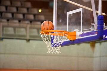 バスケットボールの試合でシュートされたボールがゴールに入る瞬間やゴールネットが揺れる瞬間