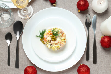 Concept of New year food, Olivier salad, top view