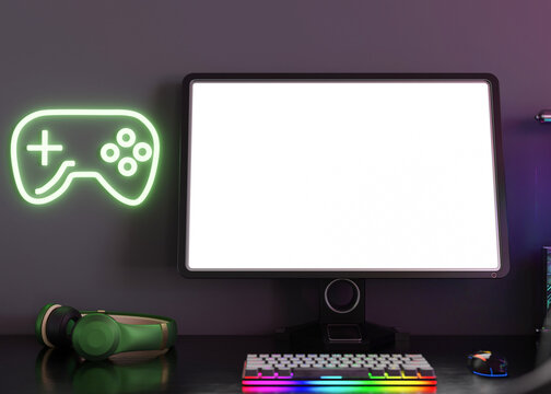 Monitor with blank white screen. Gaming at home. Computer mock up. Copy space for app, game, website presentation. Empty screen. Modern interior. Neon lights. Gamer place. 3D render.