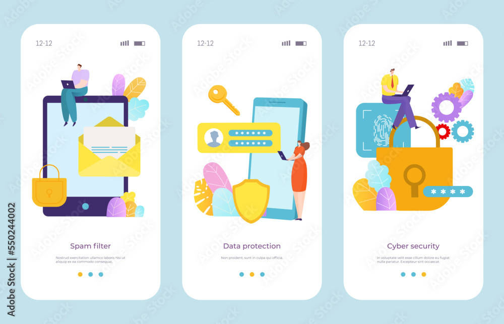 Poster technology web security card, personal cyber data protection spam filter website template internet p