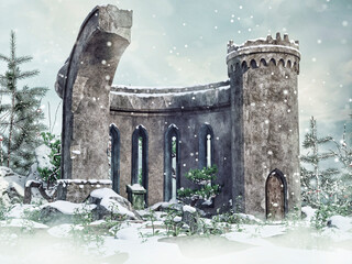 Fantasy stone ruins in a snowy landscape with trees in the background. 3D render.