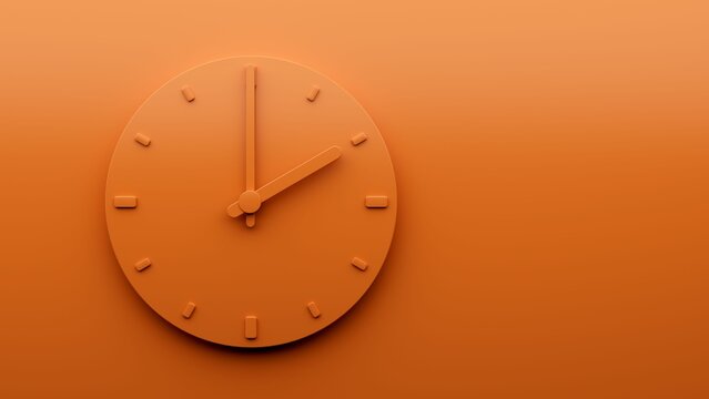 3D rendering of Minimal Orange clock 02:00. Two o'clock abstract Minimalist wall clock 14:00 or 2:00