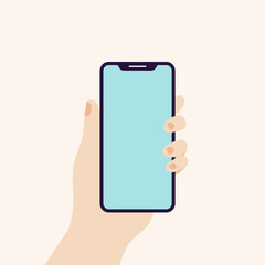 Hand holding smart phone in vertical position. Empty screen. Vector illustration, flat design