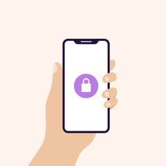Hand holding smart phone in vertical position banner. Screen with closed padlock. Concept of cyber security, password, privacy. Vector illustration, flat design