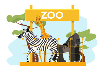 African animal zoo place poster herbivore zebra, giraffe and gorilla, zoological garden flat vector illustration, isolated on white.