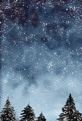 Watercolor winter landscape illustration. Pine trees forest and night sky with snow. Christmas greeting card. Hand-drawn high resolution illustration for posters, postcards, prints
