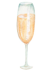 Cute watercolor illustration, glass with champagne. Isolated on white background. For various products, cards, etc.