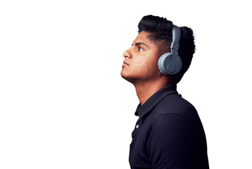 Studio shot of a handsome young man wearing headphones against isolated on a transparent png...