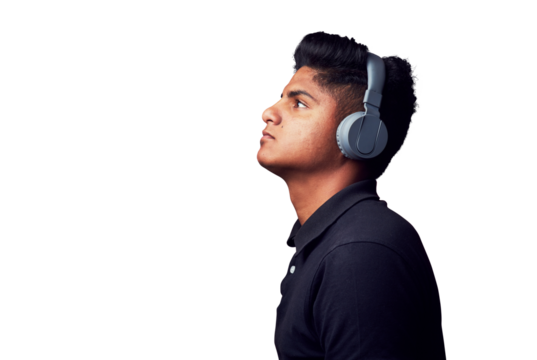 Studio shot of a handsome young man wearing headphones against isolated on a transparent png background