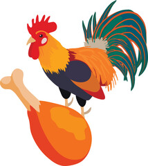 Rooster meat icon isometric vector. Roasted meat leg on background of cock icon. Food theme