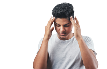 Studio shot of a young man suffering from a headache while standing againsti solated on a transparent png background