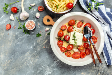 baked feta pasta with cherry tomatoes herbs and garlic, Trending Fetapasta. banner, menu recipe place for text, top view