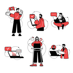 Red flat line concept Digital business with people scene in the flat cartoon design. Business employees work on the different gadgets. Vector illustration.