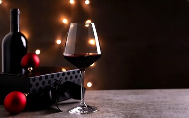 Glass of red wine with Christmas decorations on table. Christmas lights in the dark background. Copy space for text.