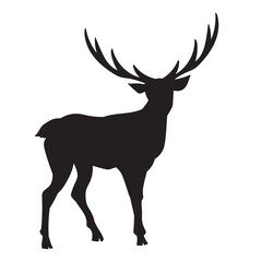 Vector cartoon stag big antlers illustration. Male deer black silhouette.