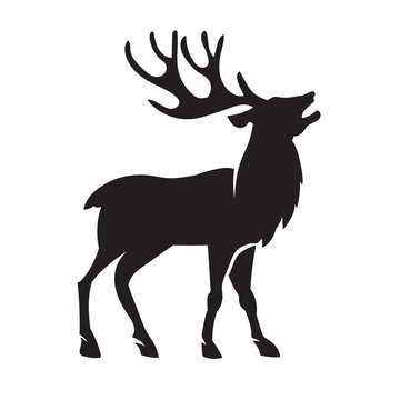Vector cartoon stag big antlers illustration. Male deer black silhouette.