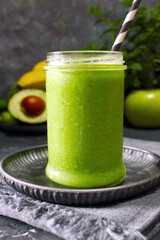 Avocado smoothie with fruits. Detox drink. Top view.