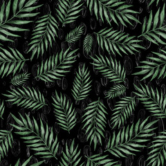 Obraz na płótnie Canvas Watercolor seamless pattern with palm leaves. Beautiful allover tropical print with hand drawn exotic plants. Swimwear botanical design. 